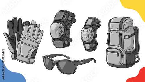 Selection of tactical and outdoor survival gear including protective gloves knee pads sunglasses and a large heavy-duty backpack.