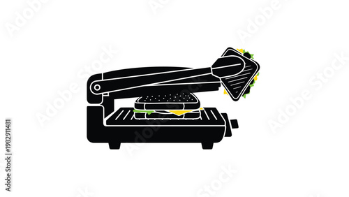 Silhouette illustration of a professional sandwich press machine being used to toast a delicious multilayered cheese and vegetable sandwich.