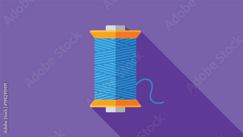 Spool of bright blue sewing thread with long shadow sits on a vibrant purple background for craft and fashion design projects.