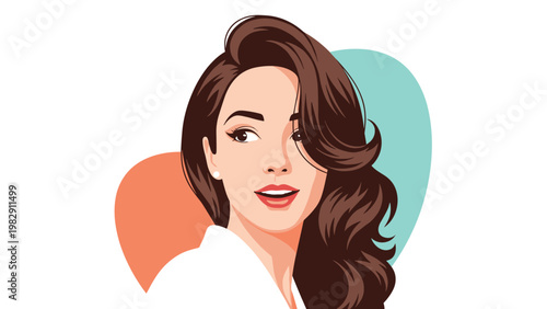 Beautiful young woman with wavy brown hair smiles warmly against a soft background with teal and orange abstract heart shapes.