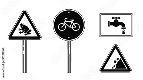 Set of black and white road signs warns of frogs, bicycles, water taps, and falling rocks for traffic safety and travel themes.