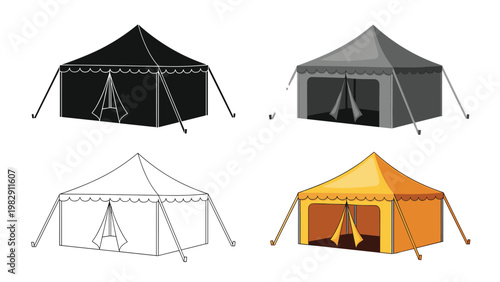 Event marquee tent icons in different styles like color and silhouette represent outdoor parties, festivals, and wedding venues.