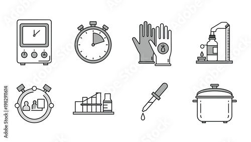 Set of laboratory equipment icons in gray includes a timer, gloves, test tubes, and a pipette for scientific research concepts.