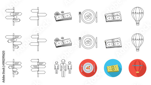 Travel and lifestyle icons set features signposts, money, a dinner plate, and a colorful hot air balloon for adventure themes.