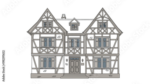 Traditional English Tudor style house with half-timbered facade and gabled roof is illustrated for real estate or history themes.