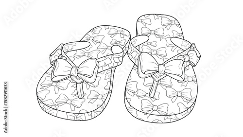 Detailed line art drawing of a pair of summer flip-flops with a bow and patterned soles for coloring book design.