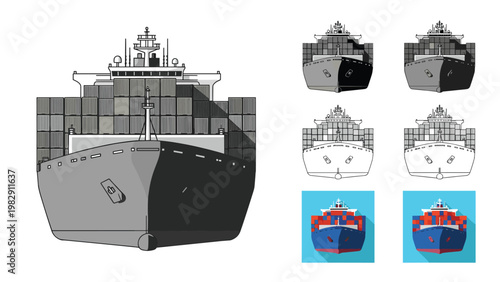 Front view of a massive cargo ship loaded with containers is presented in several graphical styles for maritime logistics themes.