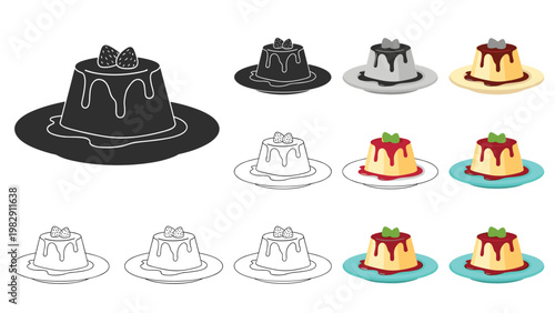 Multiple icons of a sweet pudding dessert with red fruit sauce and mint leaves are shown in various color and line art styles.