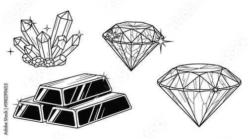 Collection of precious treasures includes sparkling crystals, faceted diamonds, and stacked gold bars for wealth and luxury concepts.