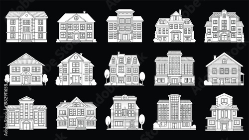 Large collection of diverse residential house silhouettes and building icons presented in white on a black background.