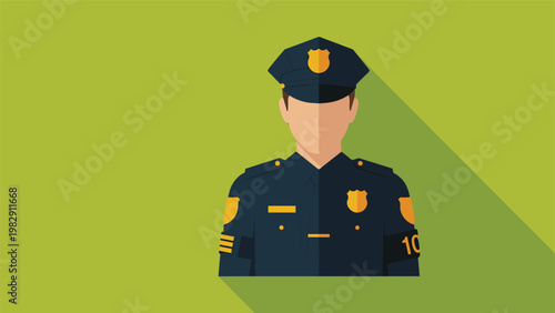 Minimalist flat avatar of a police officer in uniform with a badge and cap set against a solid green background.
