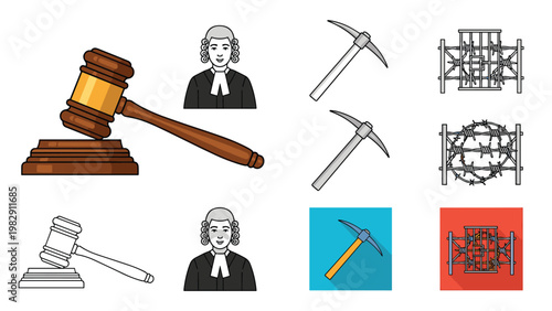 Assorted icons including a judge, legal gavel, mining pickaxe, and a prison fence with barbed wire in various styles.