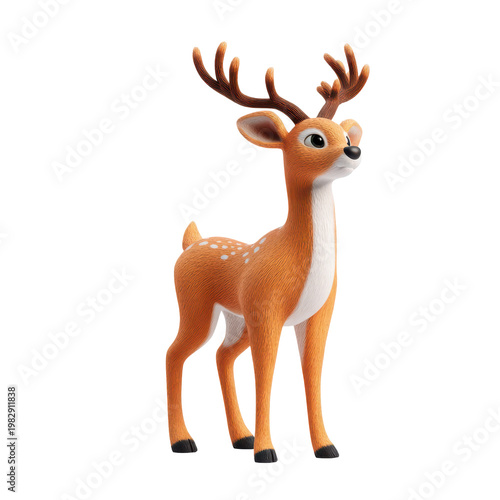 Model deer stands upright with antlers in a bright setting on a white background during the daytime