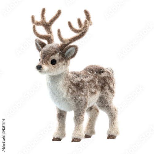 Soft toy reindeer stands on a white background, showcasing its cute and friendly features with attention to detail