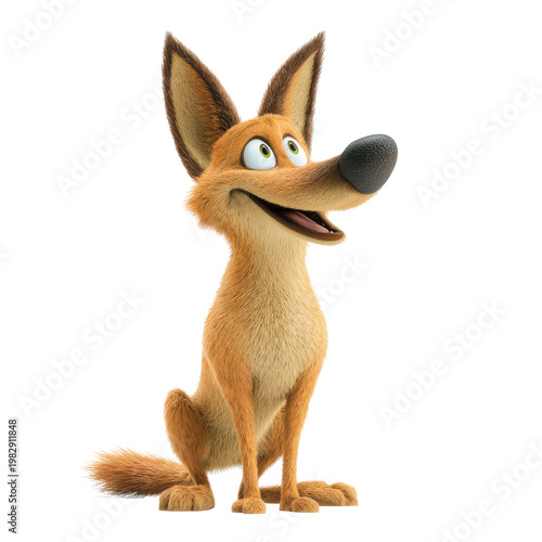 Cartoon fox character sitting and smiling in a simple format against a white background