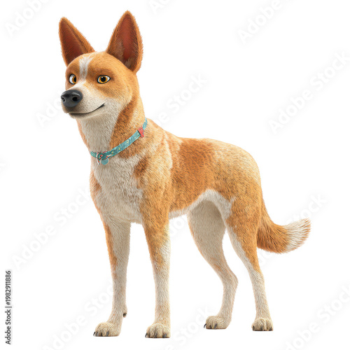 Dog standing on a white background with a blue collar showing a friendly expression in a playful pose