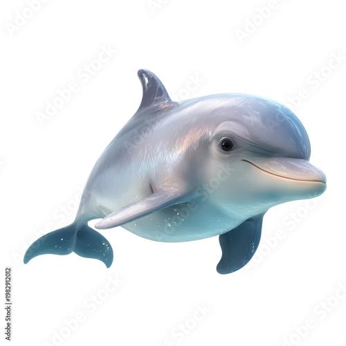 Dolphin swims in clear blue water, showcasing its playful nature and agility in a bright underwater setting during the daytime