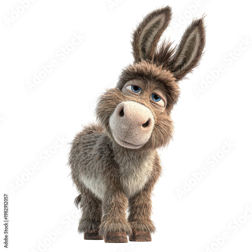 Cartoon donkey with big ears and a friendly expression stands upright in a light setting, showing a playful demeanor