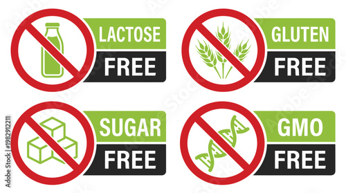 Four 'free from' icons lactose gluten sugar and gmo free labels for food products