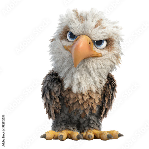 Eagle character stands alone with a serious expression while looking straight ahead in a light background
