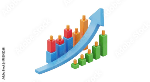 Vector illustration of 3d render of a growing bar chart with a rising arrow on a transparent background