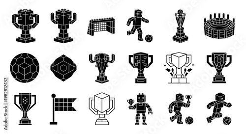 Collection of 18 unique black silhouette icons inspired by a world football championship trophy and stadium elements in modular block style.
