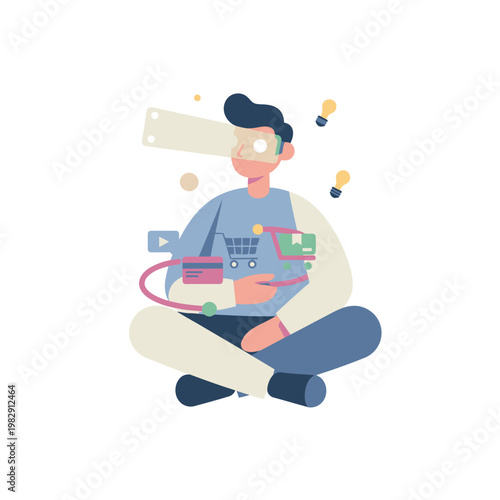 Contemporary Digital Artist with Vr Headset and Shopping Cart
