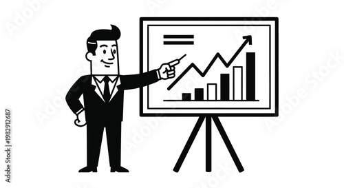 A businessman in a suit points to a rising graph on a presentation board