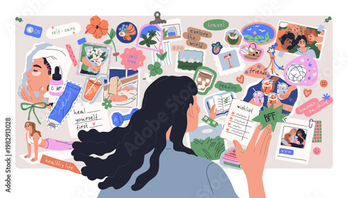 Woman creating vision board with notes, photos collage. Future goals, dreams, ambitions, ideas, motivation, desires and wishes on planning map . Flat vector illustration isolated on white background