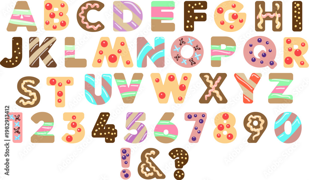 Naklejka premium Cartoon bakery pastry letters and numbers