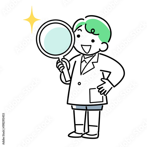 虫眼鏡を持って調べる白衣の男の子