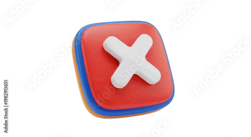 Vector illustration of 3d render of a red square button with a white cross symbol on a transparent background