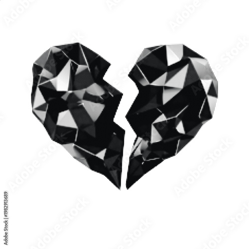 Broken black heart halftone dots texture design for loneliness sadness breakup divorce grief love loss concept