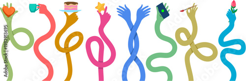 Long flexible hands holding different items