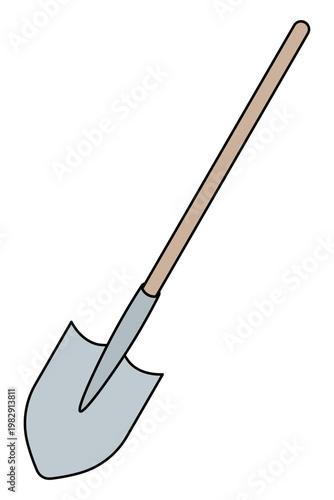 Garden shovel. Metal tool with a long brown handle for digging soil. Color vector illustration. Isolated on white background. Concept for web design.