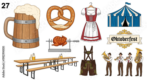 Oktoberfest Festival Elements Set: Traditional Beer Mug, Pretzel, Dirndl, Lederhosen, Tent, Roast Chicken & Brass Band