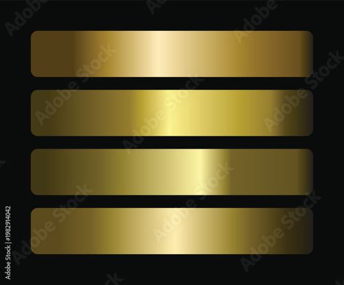 Four horizontal metallic gold gradient banner elements with rounded corners on a solid black background for user interfaces.