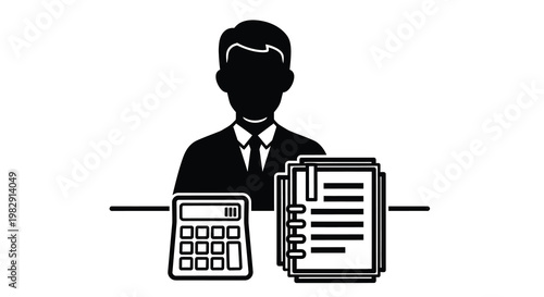 A black silhouette of a businessman with paperwork and a calculator