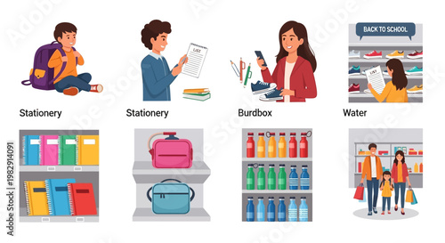 Diverse vector illustration set: Back to school shopping, students, stationery, lunchboxes, books, and grocery store products.