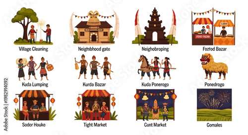 Indonesian Traditional Culture Illustrations Collection: Community Life, Local Markets, Folk Dances, and Festivals Set