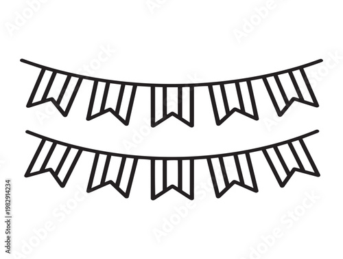 Black and white illustration of party bunting flags on a string decorative design