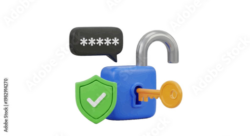 Vector illustration of 3d illustration of a secure padlock with a key, password, and shield icon on a transparent background