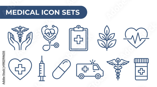 Collection of medical icons healthcare symbols representing treatment wellness and emergency services