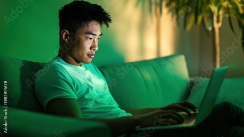 Young man working on laptop on sofa under warm green light