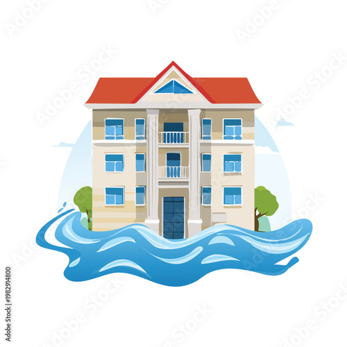 Flooded house illustration demonstrating climate change and environmental concerns