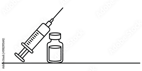 Simple line art illustration of a medical syringe and a vaccine vial for healthcare and immunization.