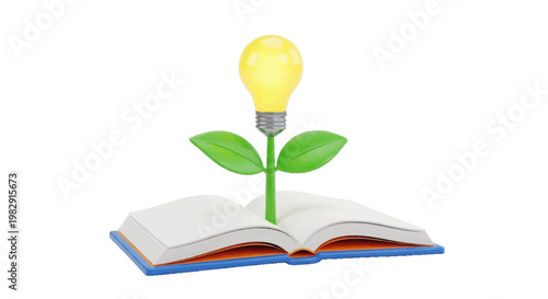 Vector illustration of light bulb growing as a plant from an open book on a transparent background
