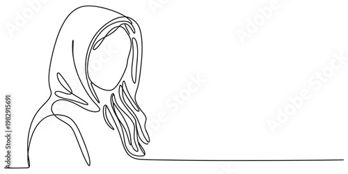 Continuous one line drawing of a beautiful young muslim woman wearing a hijab headscarf