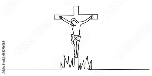 Minimalist continuous line drawing of the crucifixion of jesus christ on a wooden cross