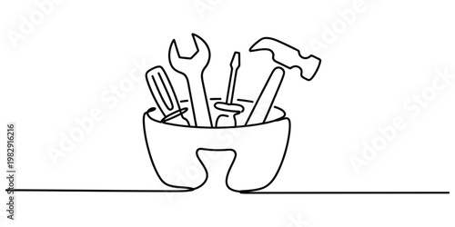 Minimalist one line art illustration of a professional tool belt filled with various hand tools